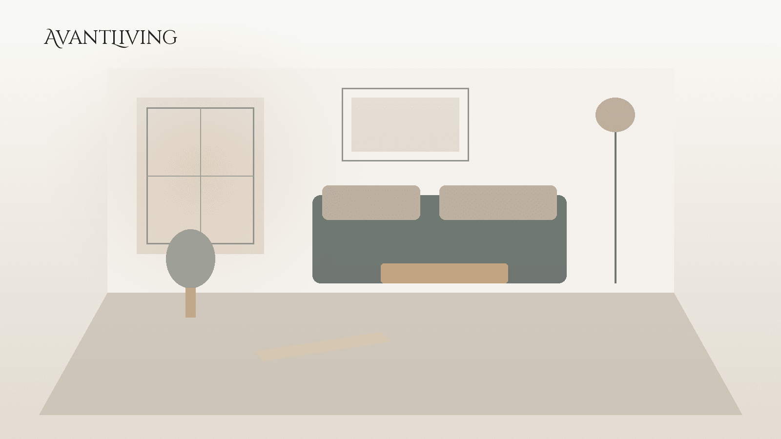 Illustrated modern living room mood board style interior — generated, not a client photo