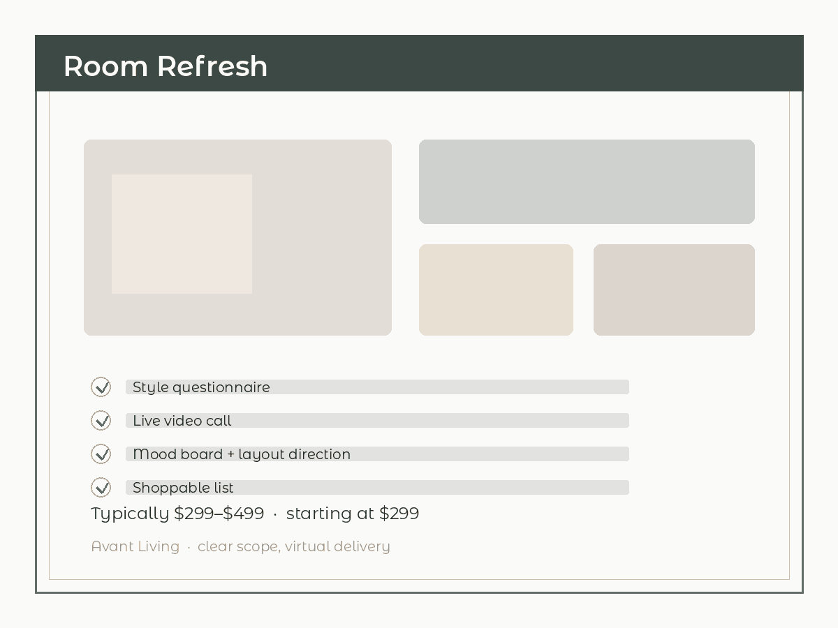 Room Refresh package card: questionnaire, call, mood board, shoppable list